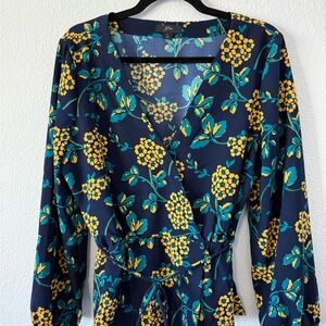 J. Crew Navy Wrap Blouse with Yellow Floral and Teal Leaves